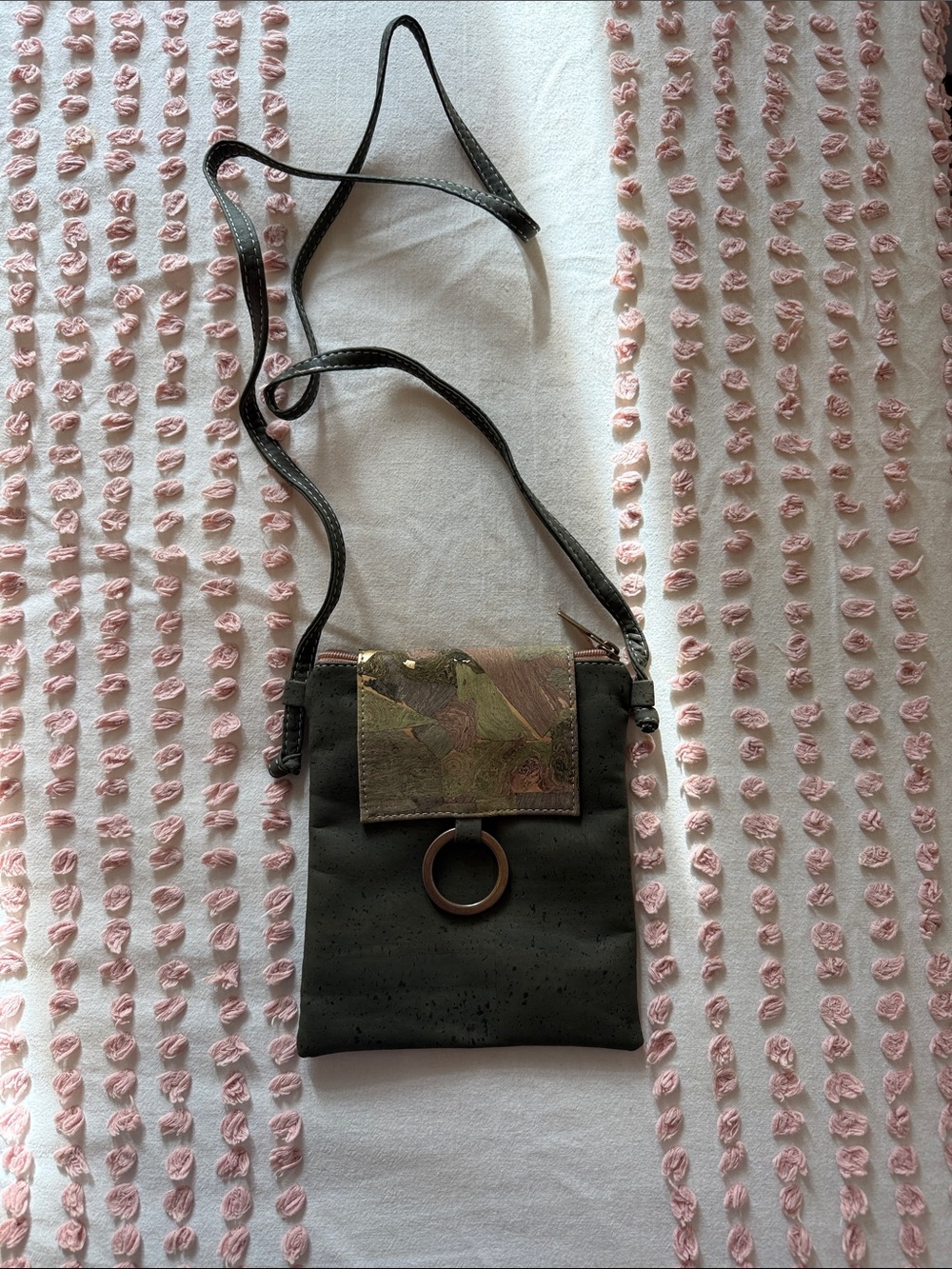 Olive Green Crossbody Cork Bag with Decorative Ring Accent